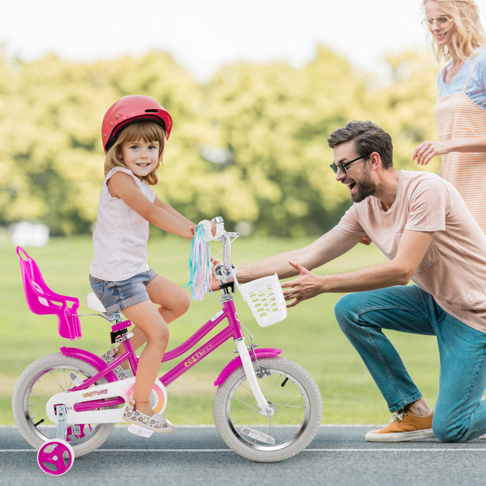Costway 14\" Kids Bike With Training Wheels Doll Seat Basket Streamers Hand Brake Pink