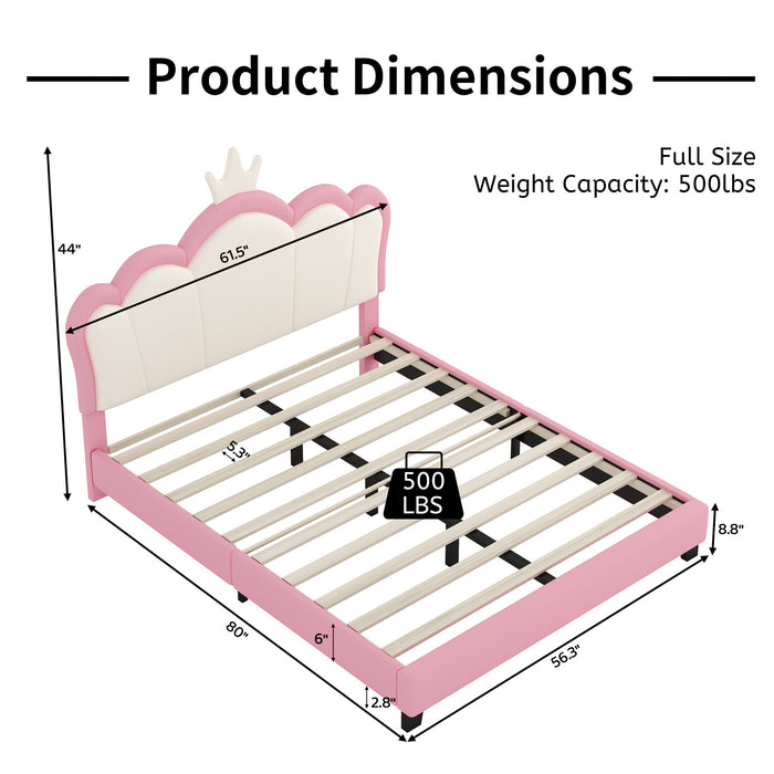 Judson Upholstered Princess Bed With Crown Headboard And Pu Platform Frame,full Size,pink Full Bed