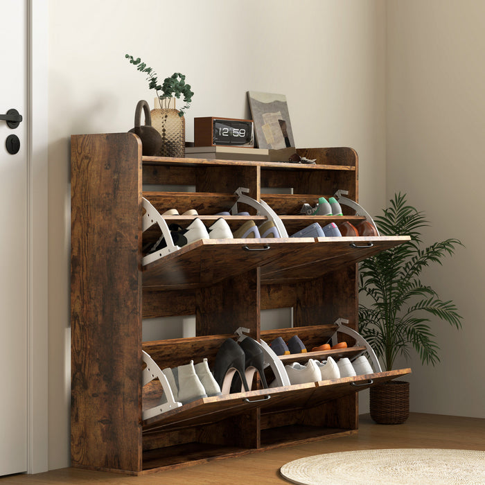 HOMCOM 4 Flip Drawer Shoe Cabinet, Slim Shoe Storage Cabinet, Rustic Brown