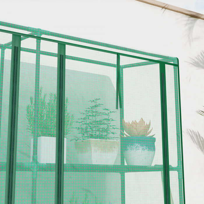Outsunny Lean-to Mini Greenhouse W/ 3 Tier Shelves, 3 Roll-up Doors, Green