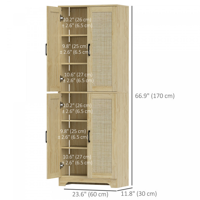 HOMCOM Kitchen Pantry with 4 Rattan Doors and Adjustable Shelves, Oak