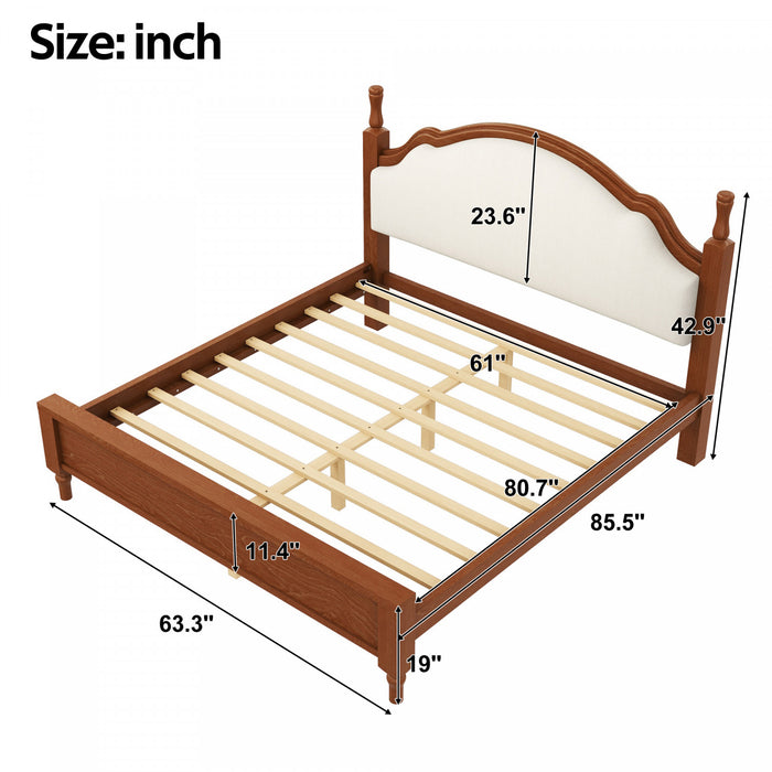 Miles Queen Size Wood Platform Bed with Curved Upholstered Headboard, Brown