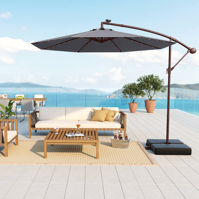 Costway Patio 10FT Hanging Offset Umbrella 32 LED Lights Sand Bag Outdoor Cross Base Dark Gray