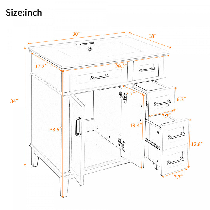 Savannah 30 Inch Bathroom Vanity with Ceramic Sink and Spacious Storage Cabinet, Grey