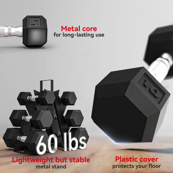 Soozier 60 LBS Dumbbell Set with Rack, Rubber Coated Hex Hand Weights