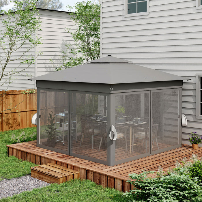 Outsunny 11x11ft Pop Up Canopy Tent With Curtains, Netting, 20 Solar-powered LED Lights, Roller Bag, 4 Weight Bags, Height Adjustable Instant Sun Shelter For Garden, Patio, Grey