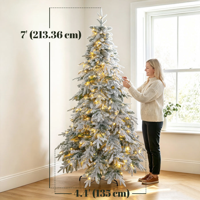 HOMCOM 7ft Prelit Flocked Christmas Tree, Downswept Hinged Xmas Tree