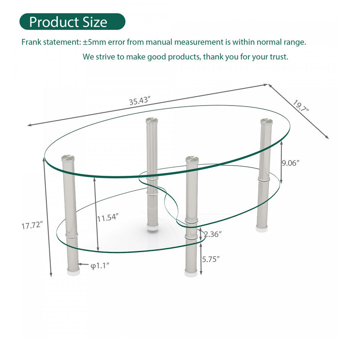Sophia Modern Transparent Oval Glass Coffee Table with Stainless Steel Legs,Transparent
