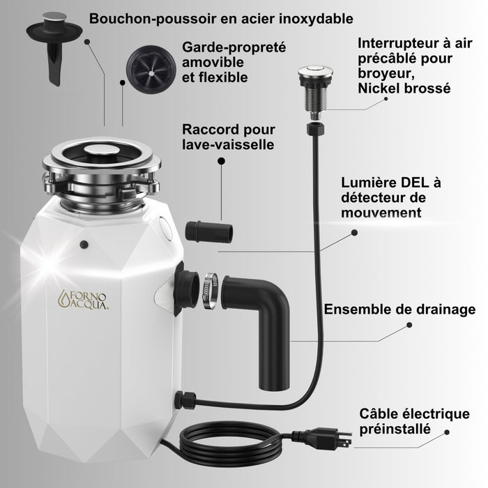 BrightDIAMOND 1HP Quietest Waste Disposer, LED Cabinet Light, Corded & Air Switch, MoonStone - WDD100TA2MS Food Disposer