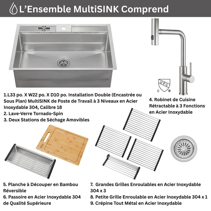 MultiSINK 33 in. Dual Mounted 3-Level Workstation Kitchen Sink, Faucet, Glass Rinser,Stainless Steel -D-XP30 Laundry Combo