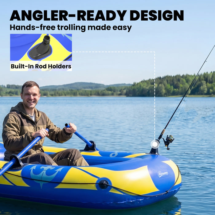 Outsunny 1-2 Person Inflatable Kayak, Recreational Sit In Kayak with Rod Holders, Four-Chamber Design, Paddles, Pump and Repair Kit for Adults & Youth, Dark Blue