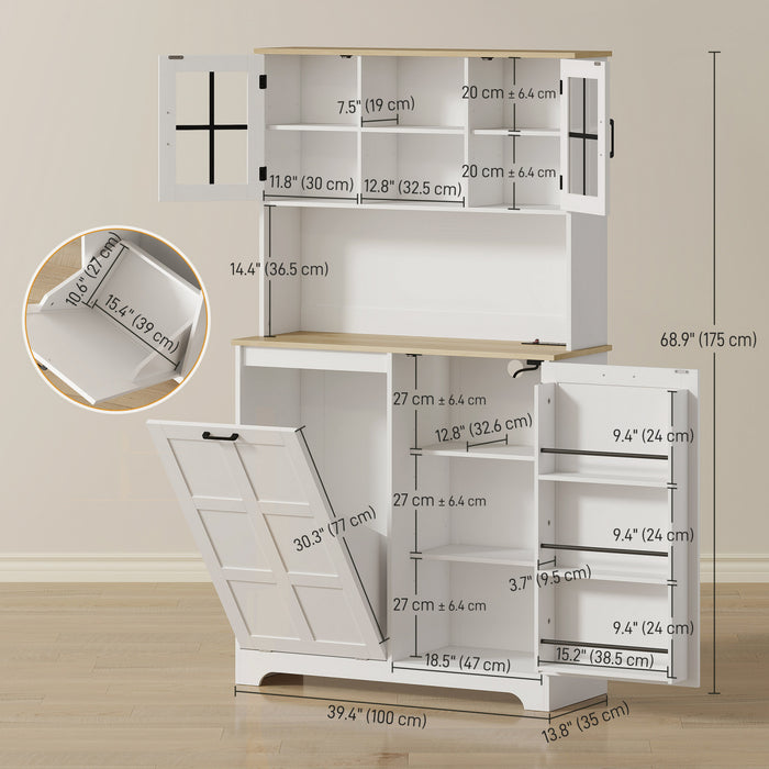 HOMCOM Kitchen Pantry Cabinet with Charging Station and Trash Can Cabinet