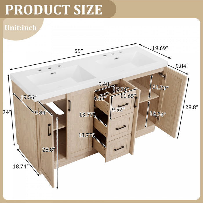 Frederick 59 Inch Modern Double Sink Bathroom Vanity with Storage Cabinet, Brown