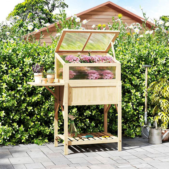 Outsunny Raised Garden Bed Planter with Cold Frame, Folding Table, Natural