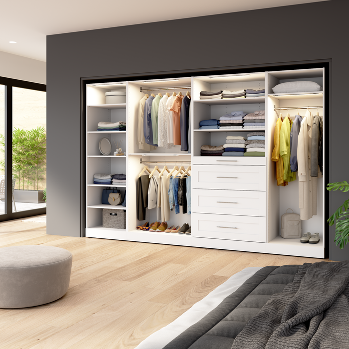 Bestar Florence 121\" Modular Walk-In Closet System with LED Lights, Rods, Shelves and Drawers Shaker Style - White