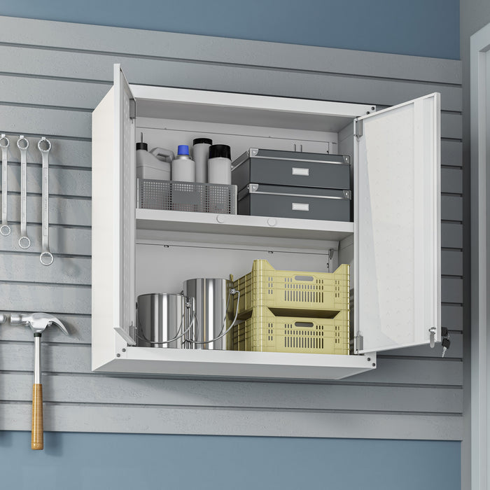 Manhattan Comfort Fortress 30\" Floating Textured Metal Garage Cabinet with Adjustable Shelves - White