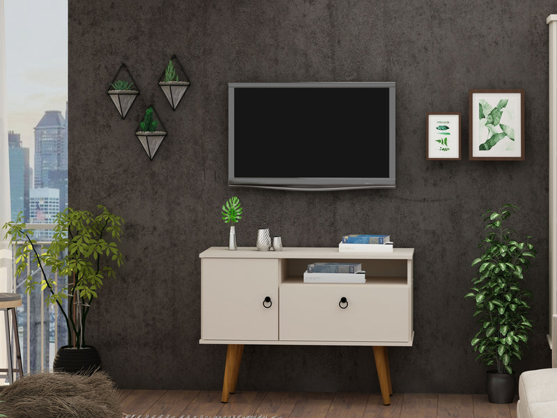 Manhattan Comfort Tribeca 35.43\" Mid-Century Modern TV Stand with Solid Wood Legs - Off White
