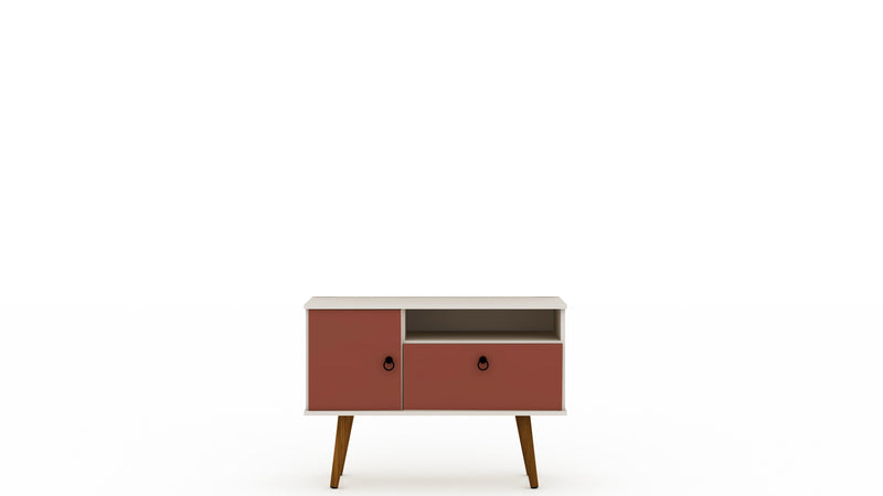 Manhattan Comfort Tribeca 35.43\" Mid-Century Modern TV Stand with Solid Wood Legs - Off White & Terra Orange Pink