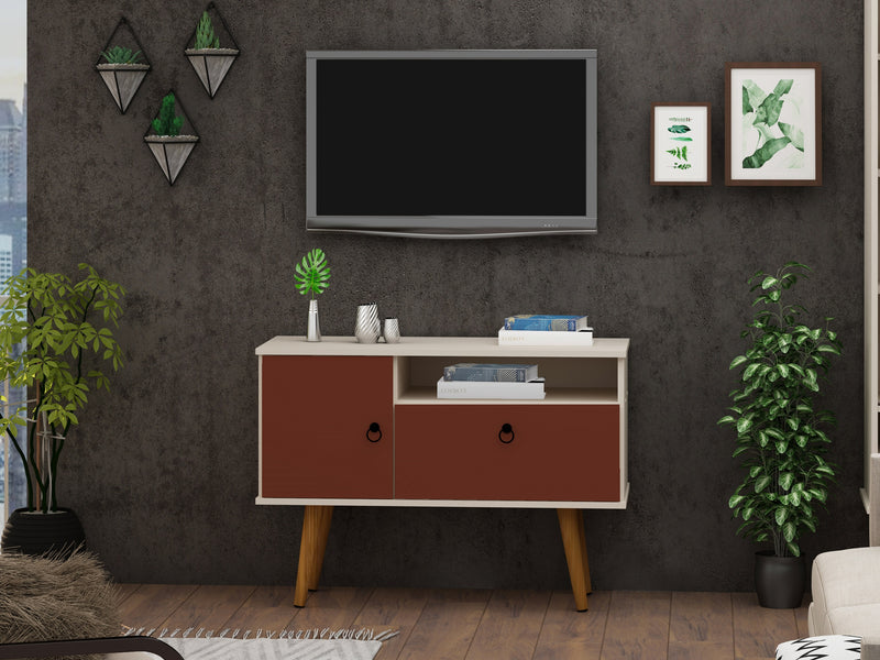 Manhattan Comfort Tribeca 35.43\" Mid-Century Modern TV Stand with Solid Wood Legs - Off White & Terra Orange Pink