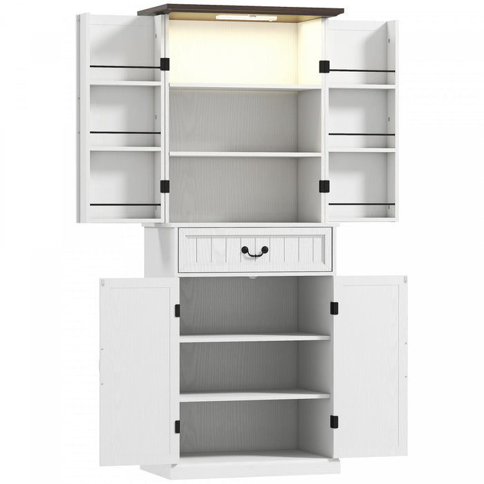 HOMCOM Farmhouse Kitchen Pantry Cabinet with Light, Storage Cabinet, White