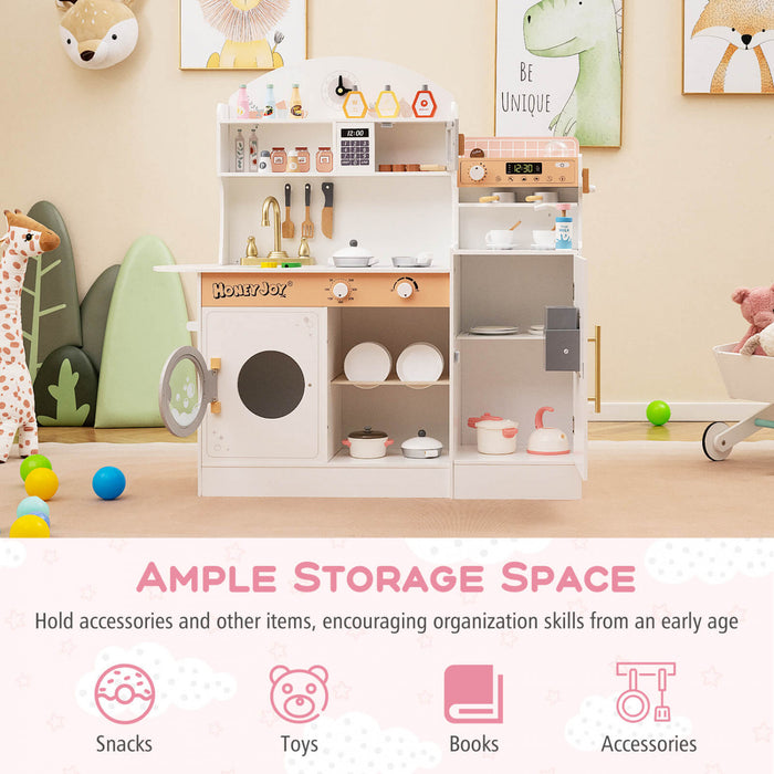 Honeyjoy Kids Kitchen Set Wooden Kitchen Playset With Clock, Microwave, Sink, Dish Rack White