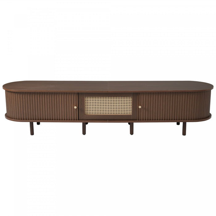 Lucas TV Stand Media Console with Rattan Drawer and Sliding Doors,Dark Oak