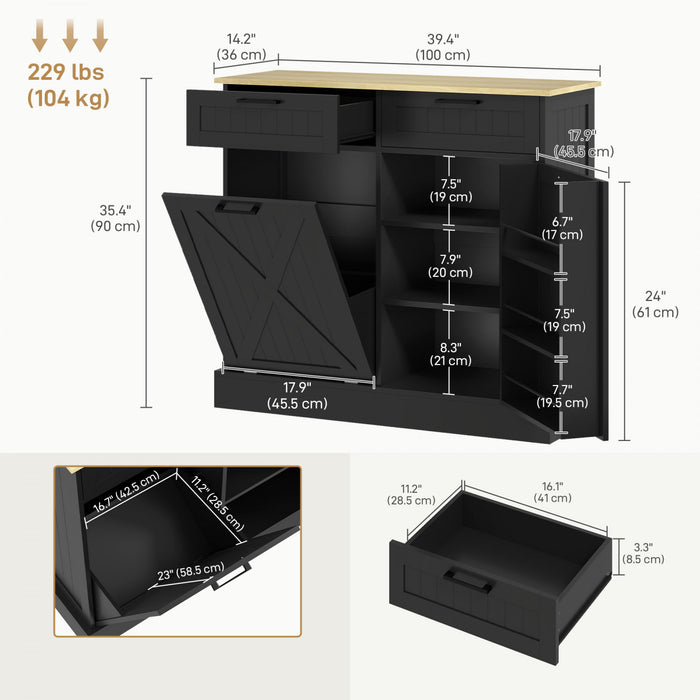 HOMCOM Tilt Out Trash Cabinet, Kitchen Island with 2 Drawers, Black