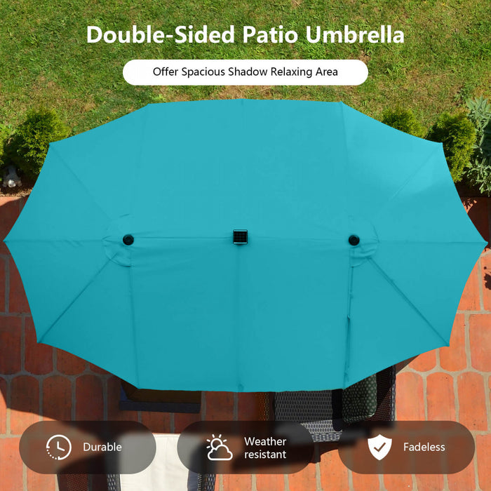 Costway 15 FT Twin Patio Double-Sided Umbrella 48 Solar LED Lights Crank Outdoor Turquoise