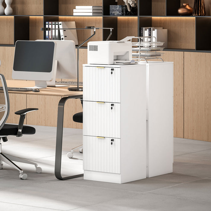 HOMCOM 3 Drawer File Cabinet Fluted Vertical Filing Cabinet with Lock White
