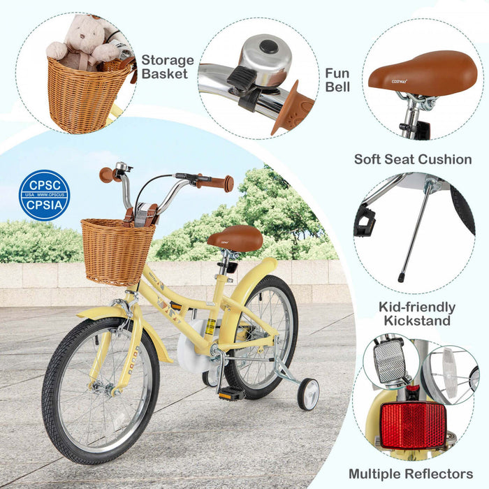 Costway 18\" Kids Bike With Height Adjustable Handlebar Seat Basket Bell Training Wheels Yellow