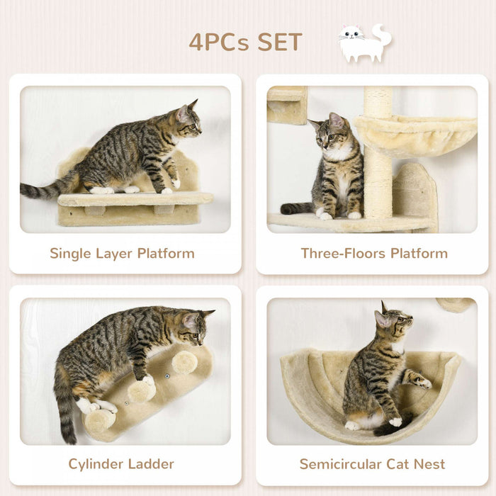Pawhut Cat Wall Climber With Hammock, Scratching Post, 3 Steps, Jumping Platforms, Cat Wall Shelves For Relaxing, Sleeping, Climbing, Cat Wall Furniture For Indoor Cat - Beige