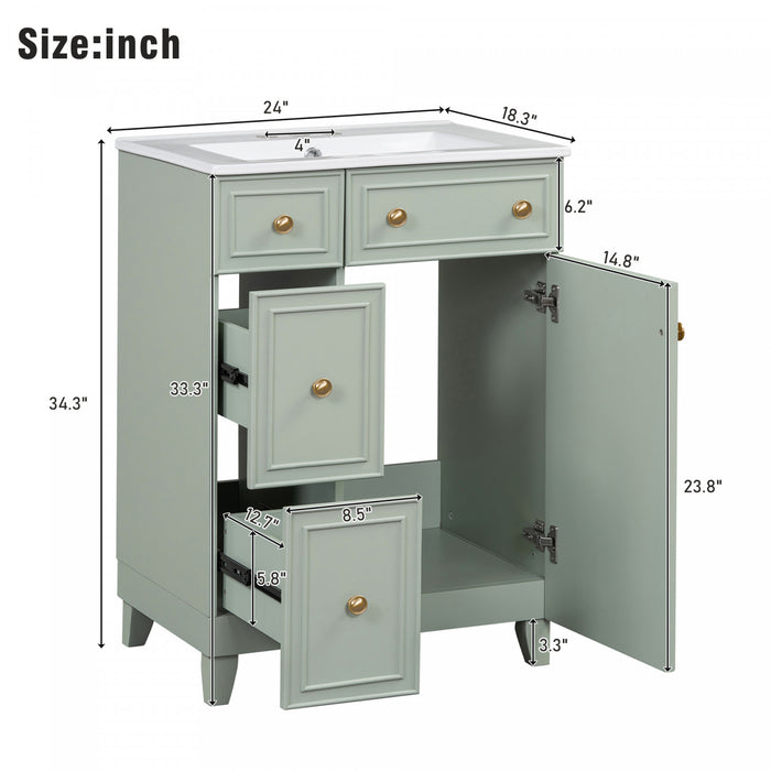 Jonas 24\" Solid Wood Bathroom Vanity Cabinet With Storage Drawers And Door - Green