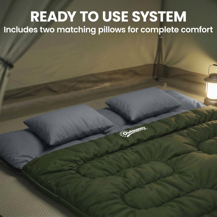 Outsunny Double Sleeping Bag for Adults, Queen Size 2 Person Sleeping Bag, Lightweight Quilt with 2 Pillows, for Cold Weather & Warm, Camping Hiking Backpacking, Army Green