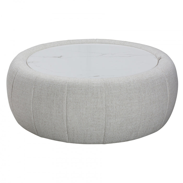 Demi Round Upholstered Storage Ottoman with Faux-Marble Tray Top and Hidden Storage - Cream
