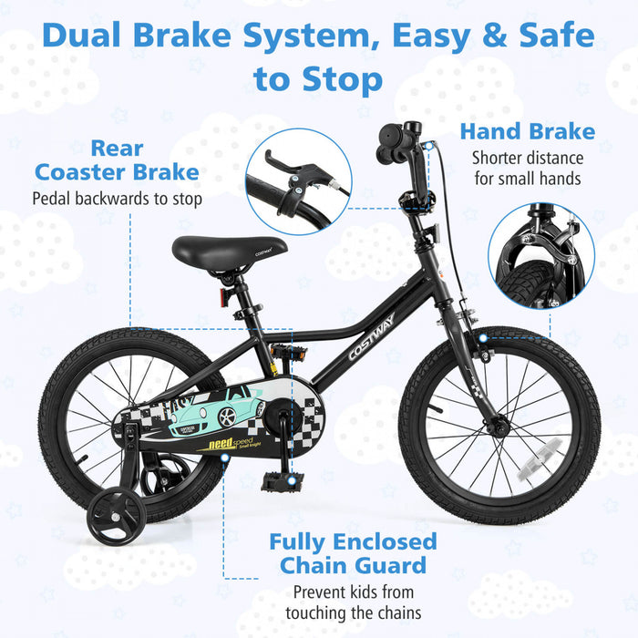 Costway 16\" Kids Training Bike With Removable Training Wheels Pneumatic Tires Black