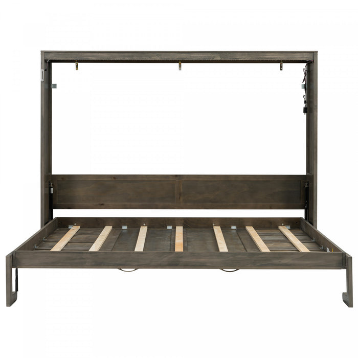 Olivia Solid Wood Murphy Bed with LED Light and Foldable Cabinet,Queen Size,Brown Queen Bed