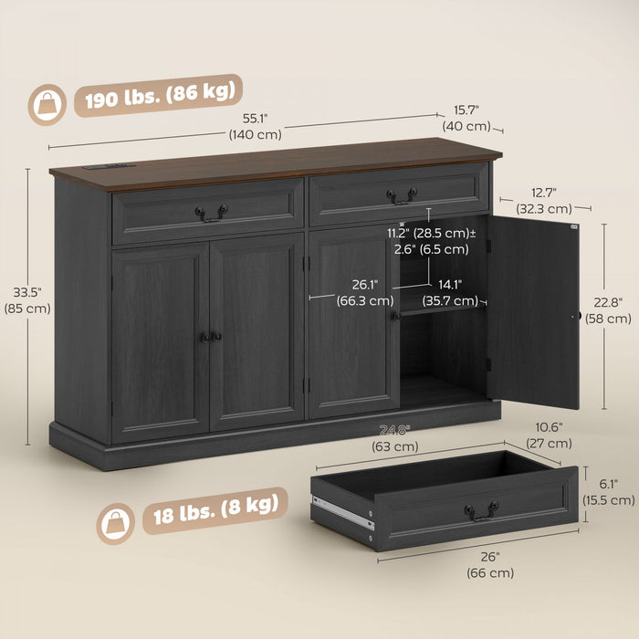 HOMCOM Buffet Cabinet with Charging Station, 55\" Farmhouse Sideboard, Black