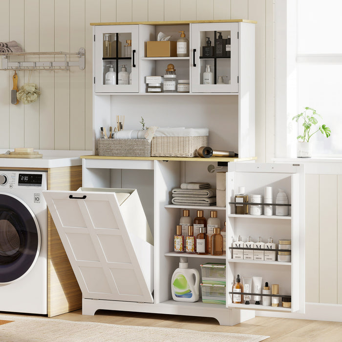 HOMCOM Kitchen Pantry Cabinet with Charging Station and Trash Can Cabinet