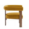 Crest Modern Upholstered Round Arm Accent Chair with Three-Leg Design, Mustard Yellow, Walnut | Crest Fauteuil d'Appoint Moderne a Accoudoirs Ronds et Pieds Triangulaires, Jaune Moutarde, Noyer