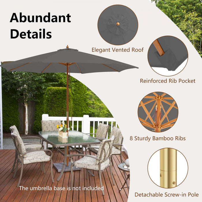 Costway 10FT Patio Wooden Market Table Umbrella Pulley with 8 Bamboo Ribs Sunshade Canopy Gray