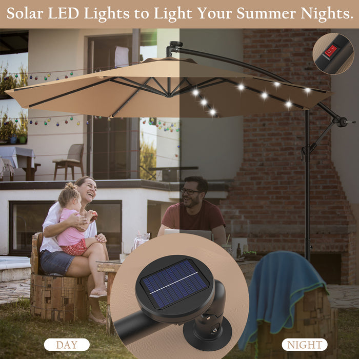 Costway 10' Hanging Solar LED Umbrella Patio Sun Shade Offset Market W/ Base Beige