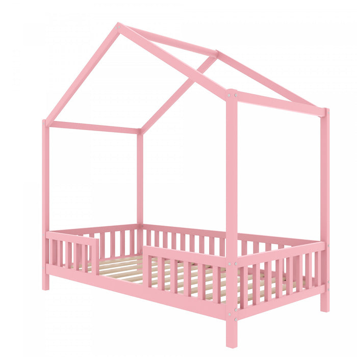 Paul Montessori Floor Bed with Canopy and High Railings,Twin Size，Pink Twin Bed