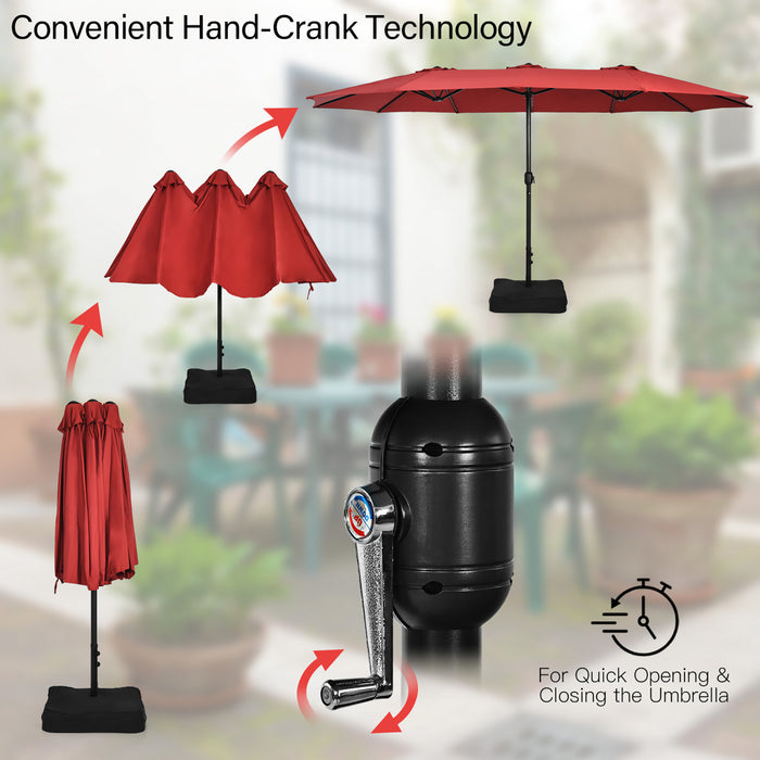Costway 15FT Double-Sided Twin Patio Umbrella Outdoor Market W/ Crank & Base Wine