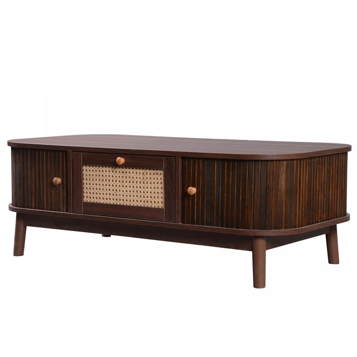 Grain 43.5 Inch Rattan Coffee Table with Sliding Doors, Drawers and Solid Wood Legs, Wood