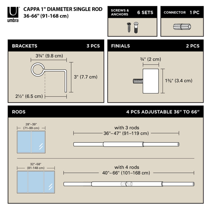 Umbra Cappa Gold Expandable 1\" Curtain Rod - 36\"-66\" 