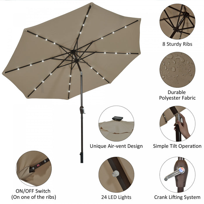 Costway 10' Solar LED Lighted Patio Market Umbrella Shade Tilt Adjustment Crank Tan