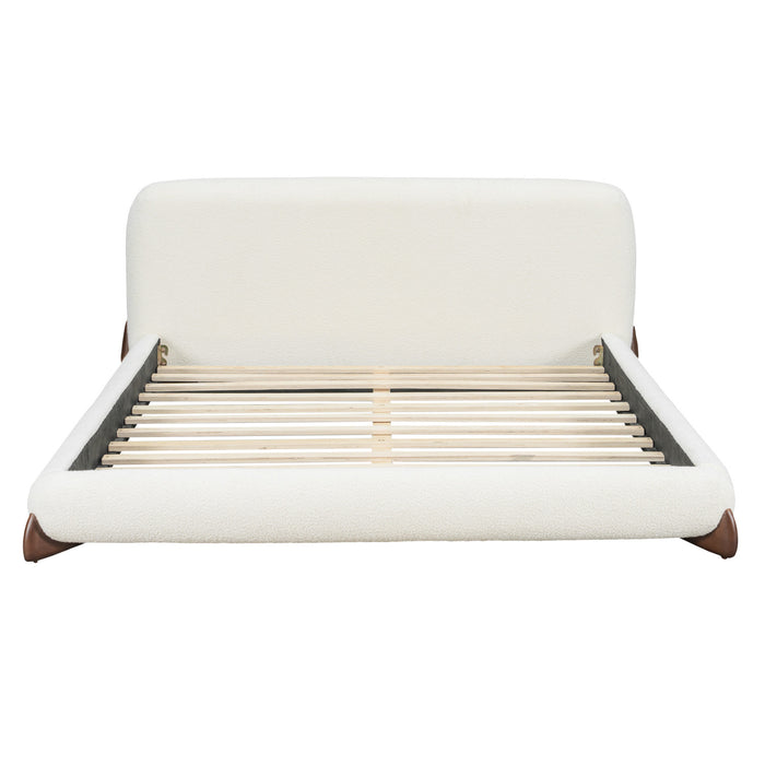 Emma Low Profile Platform Bed Frame with Curved Headboard and Boucle Upholstery, Queen Size,Cream White Queen Bed