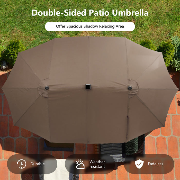 Costway 15FT Twin Patio Double-Sided Umbrella 48 Solar LED Lights Crank Outdoor Coffee