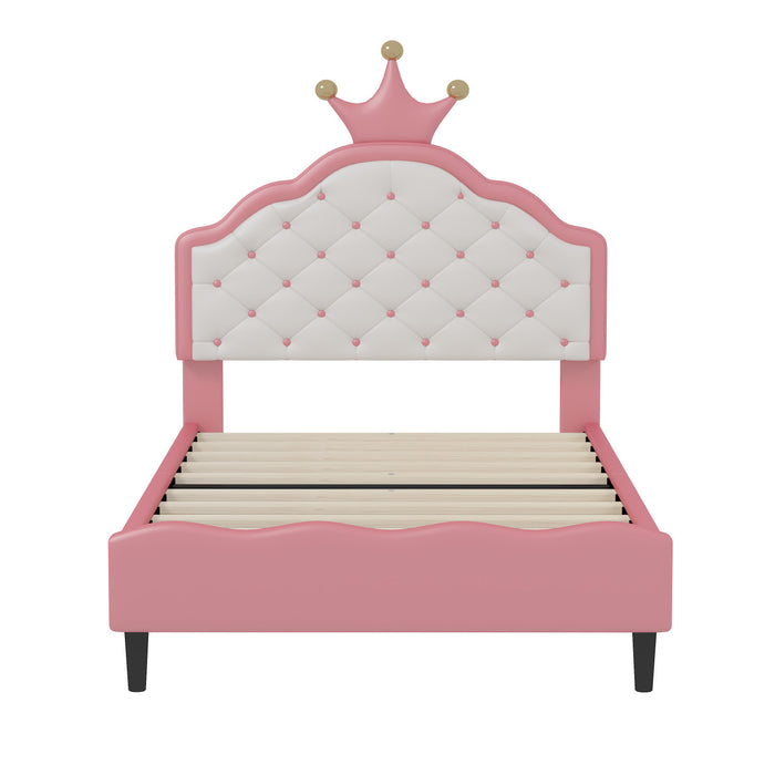Lily Lovely Crown Fantasy Princess Bed with Tufted PU Leather Headboard,Twin Size Twin Bed