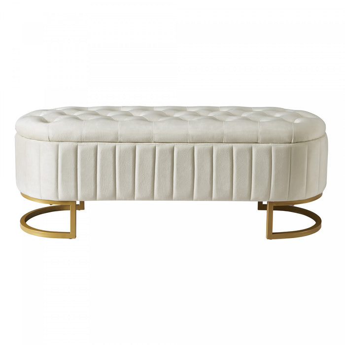 Amelia Elegant Velvet Button-Tufted Storage Bench with Metal Legs,Beige